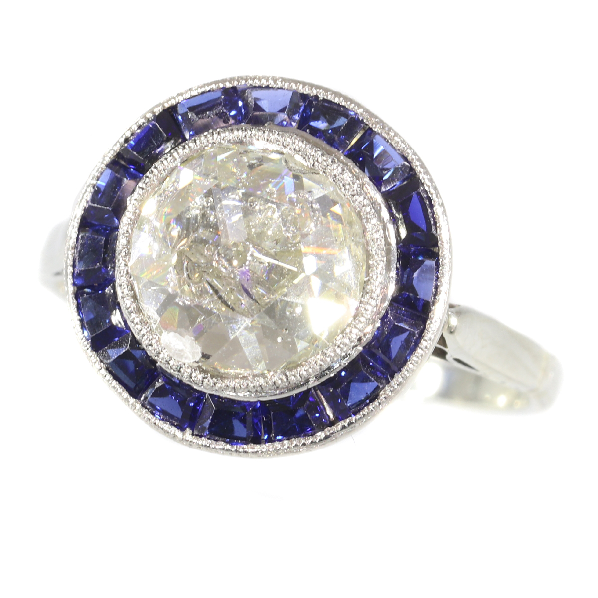 Vintage Art Deco diamond and sapphire engagement ring with big rose cut diamond